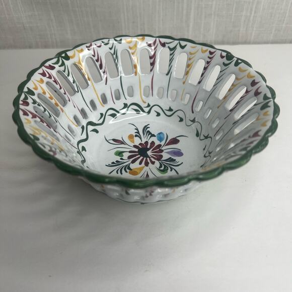 Vtg Horchow Collection Hand Painted Portugal Reticulated Bowl Pierced Faience - Picture 2 of 9
